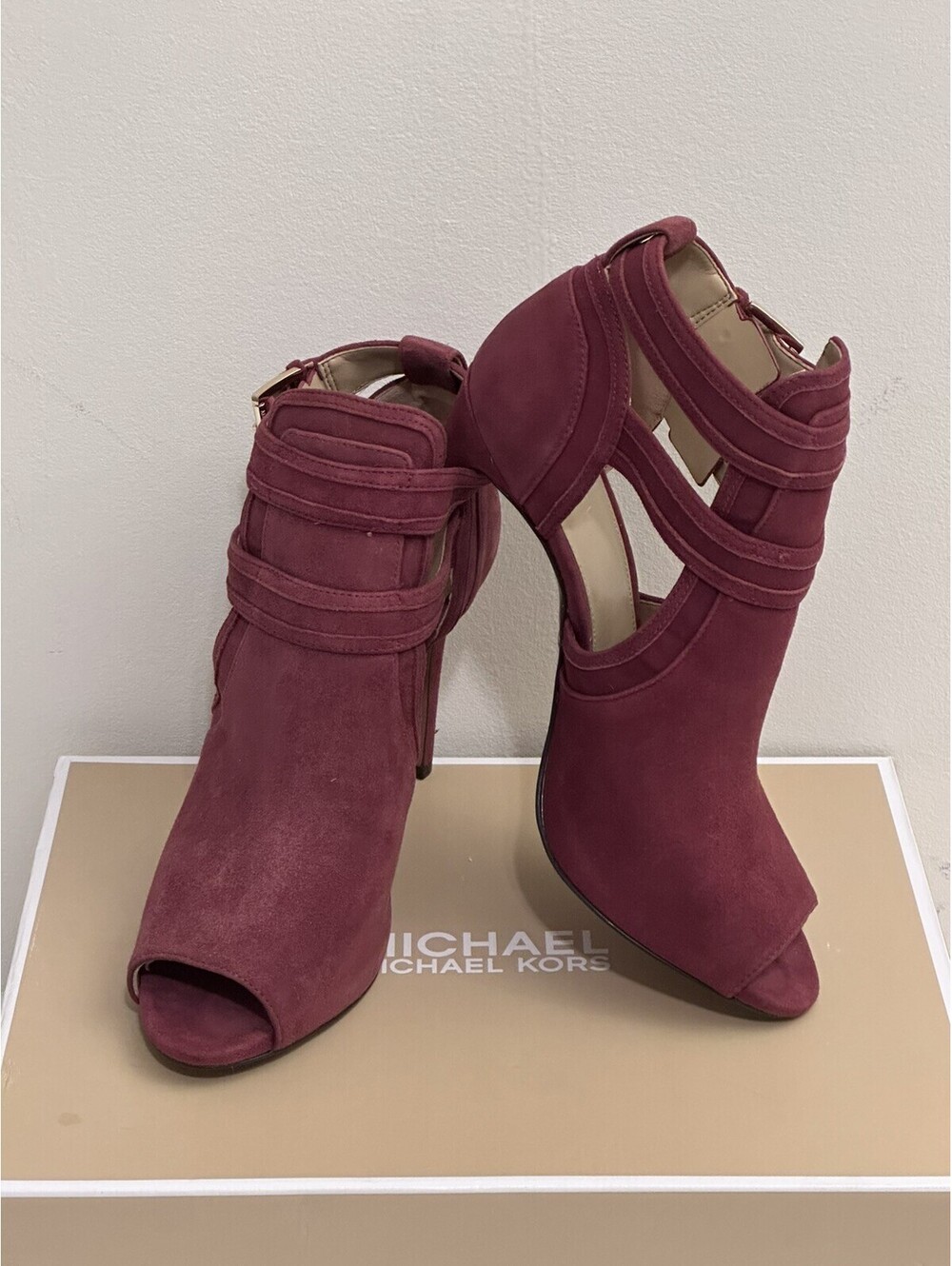 MICHAEL Michael Kors Blaze Suede Open Toe Bootie Heel Buckle Ankle Strap 8.5